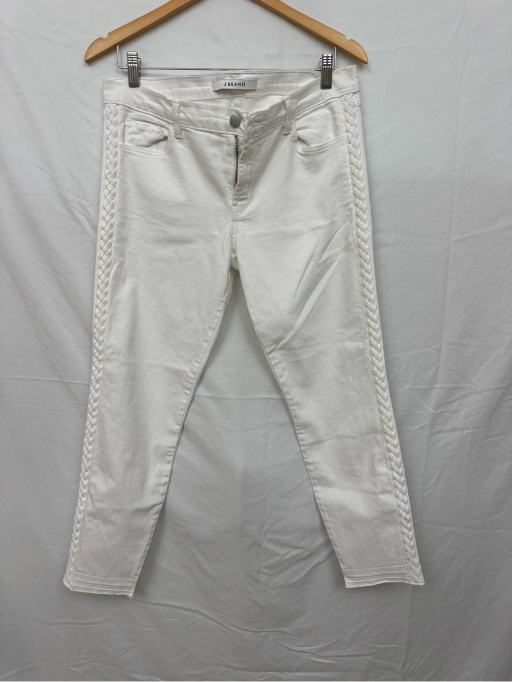 J Brand White Braided-Trim Skinny Jeans